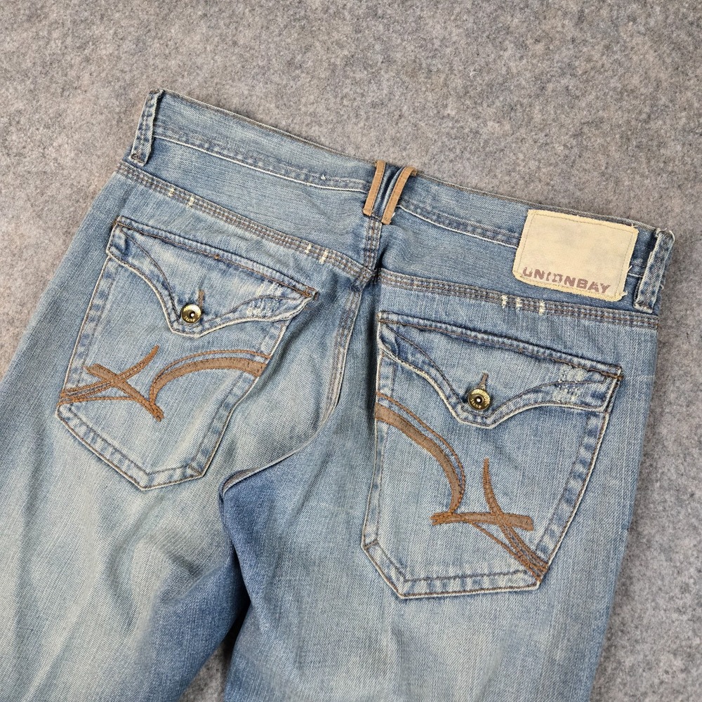 VTG‎ Y2K Unionbay Flare Jeans Women 33x32 Blue Denim Flap Pocket Embroidered 00s